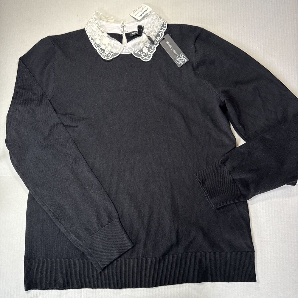NEW Cable Gauge Women’s XL Black Sweater with Sheer Embroidered Peter Pan Collar